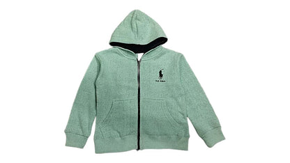 Green hoodie with a logo on a white background