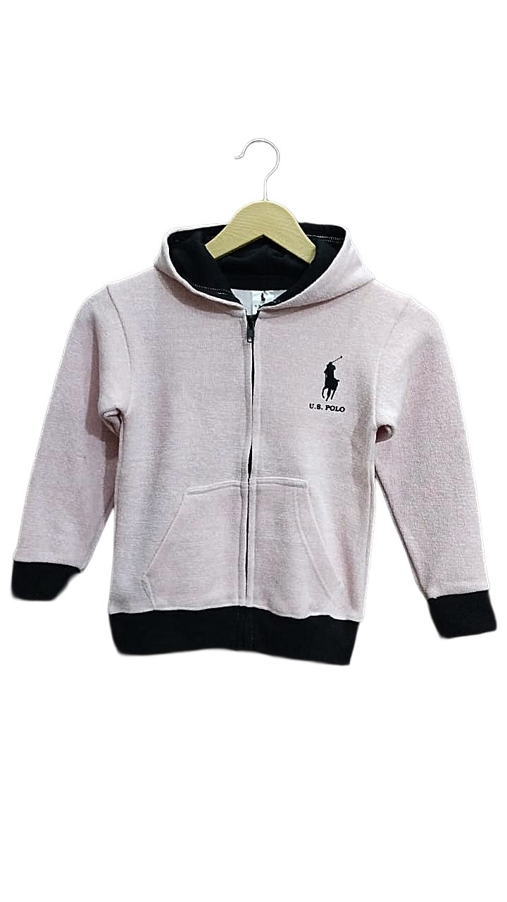 Kids' Blush Pink Full-Zip Hoodie | Pale Rose Fleece Jacket with Black Trim