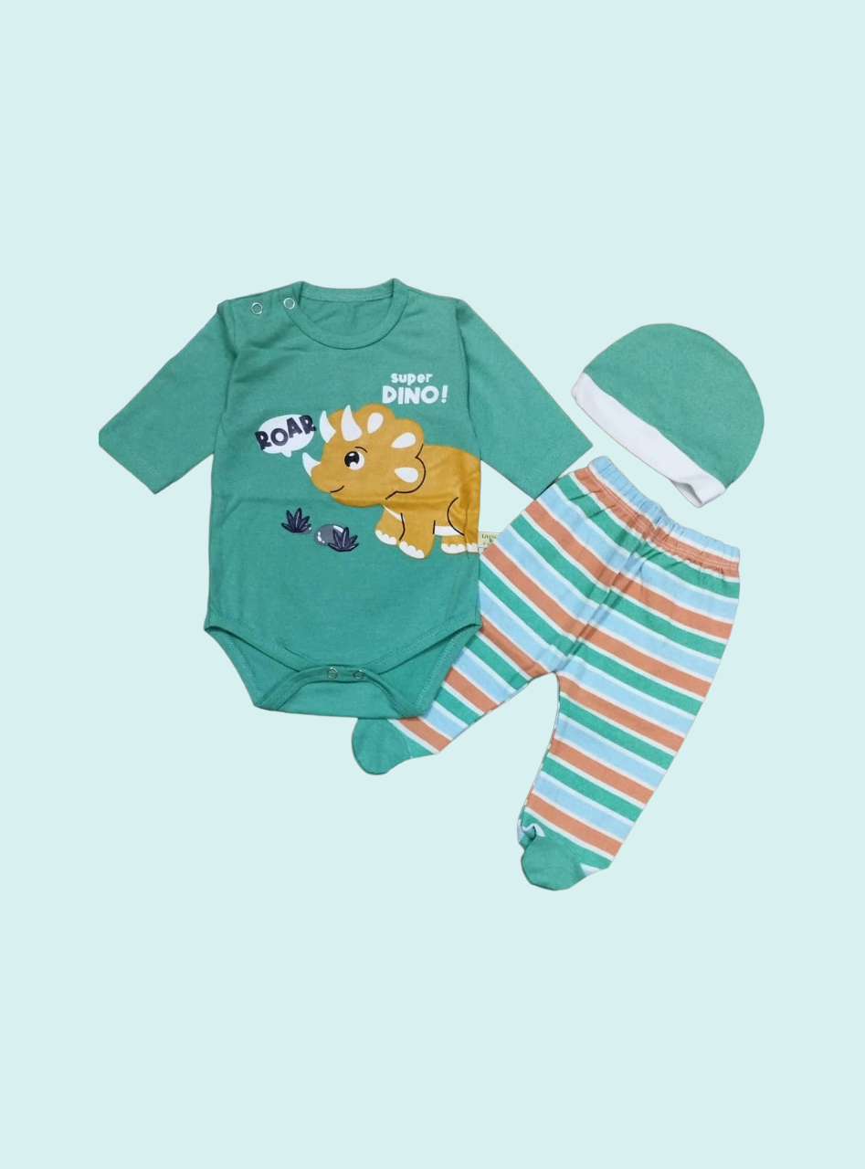 The "Super Dino" 3-Piece Bodysuit Set with Cap