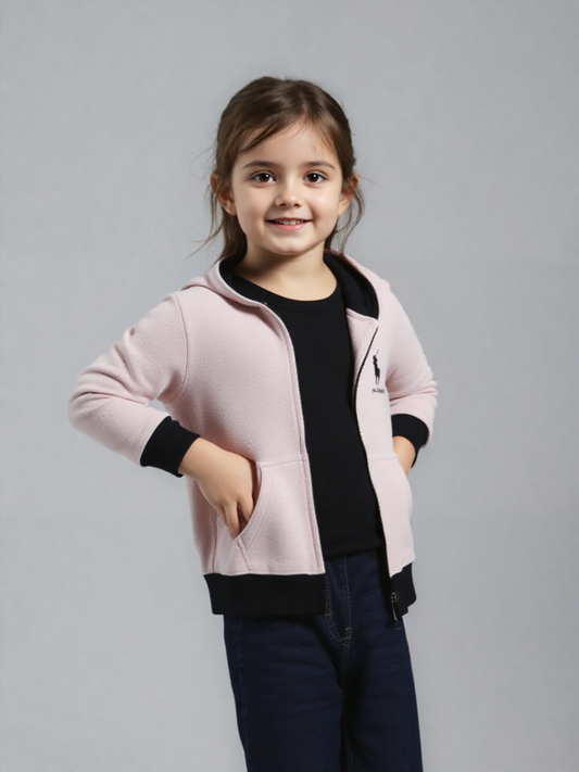 Kids' Blush Pink Full-Zip Hoodie | Pale Rose Fleece Jacket with Black Trim