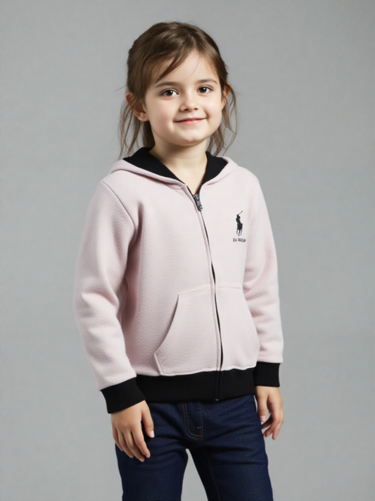Kids' Blush Pink Full-Zip Hoodie | Pale Rose Fleece Jacket with Black Trim