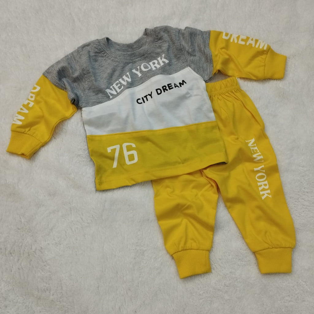 Children's two-piece outfit with gray and yellow design on a light gray background